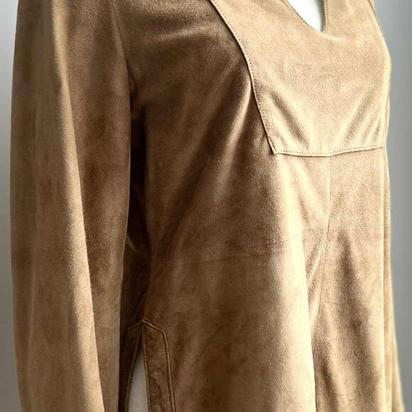 Vintage 1969 Camel Brown Nubuck Leather Tunic Top with Notched Neck – US S - Picture 2 of 13